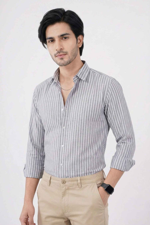 Classic Grey Striped Formal Shirt – Premium Office Wear