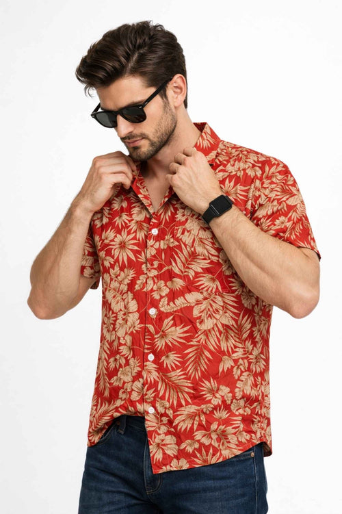 Coral Palm Leaf Print Button-Up Shirt – Tropical Casual Wear