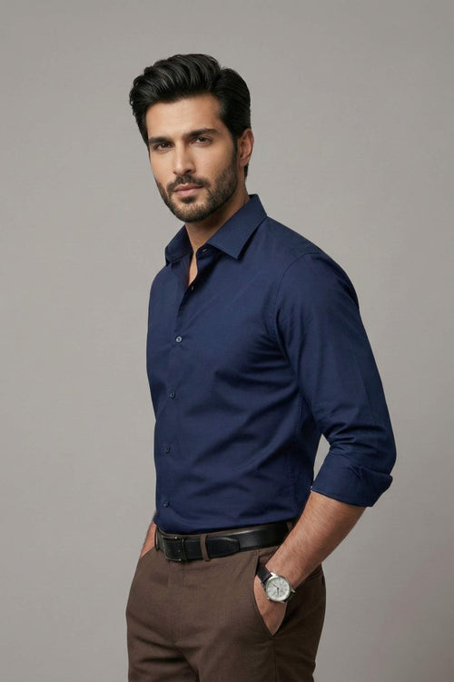 Navy Blue Giza Cotton Poplin Shirt – Premium Comfort & Style