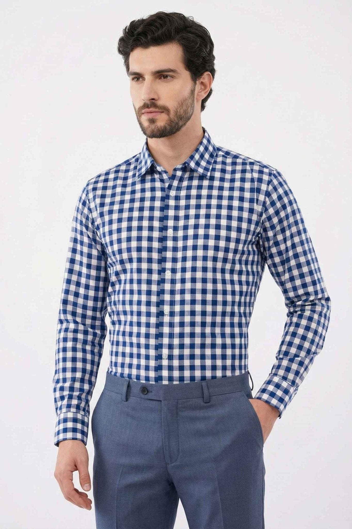 Navy Gingham Dress Shirt – Classic Checked Formal Wear - KakahuNavy Gingham Dress Shirt – Classic Checked Formal WearKakahuKakahu