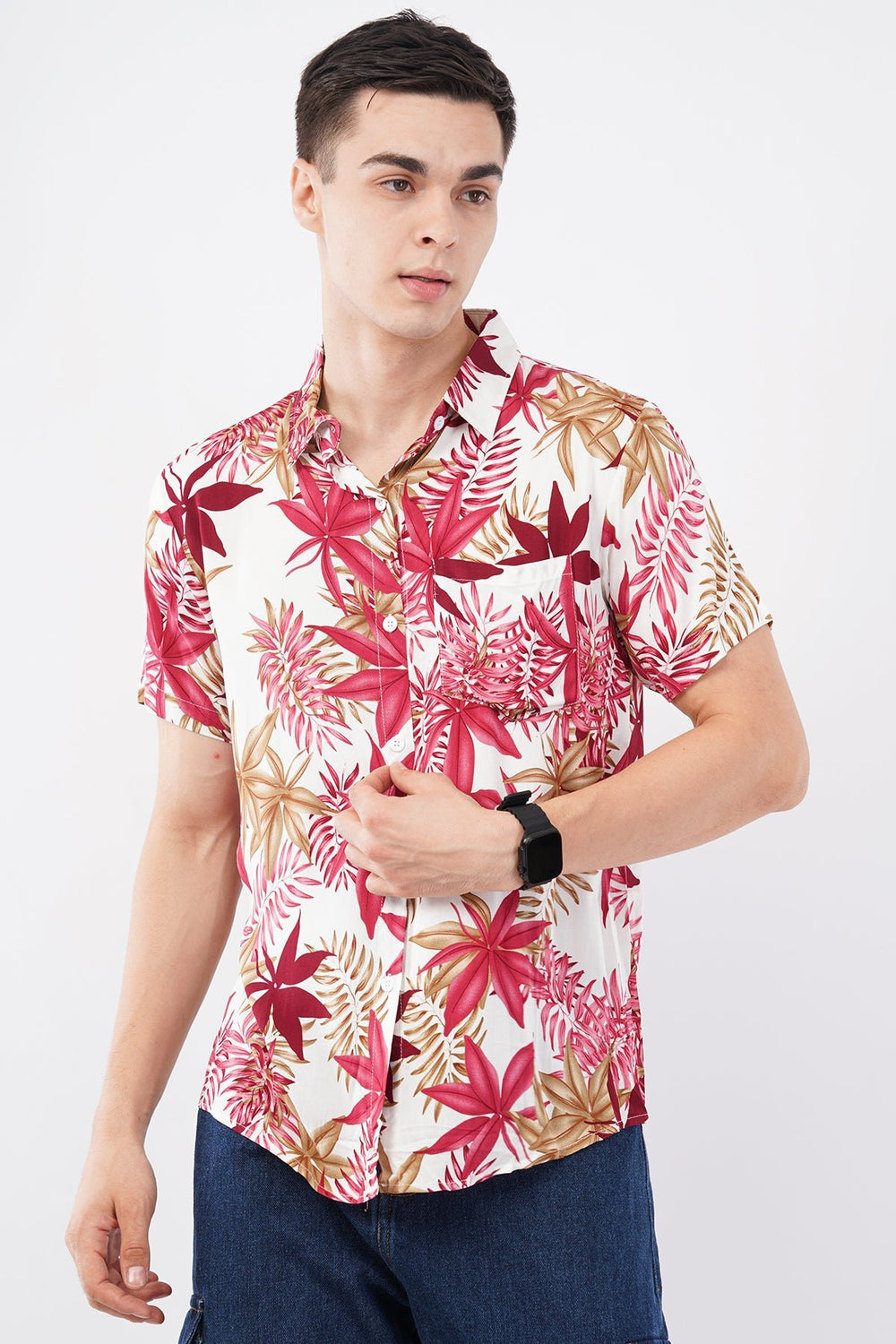 Pink Tropical Palm Print Short Sleeve Shirt – Vibrant Summer Casual - KakahuPink Tropical Palm Print Short Sleeve Shirt – Vibrant Summer CasualKakahuKakahu