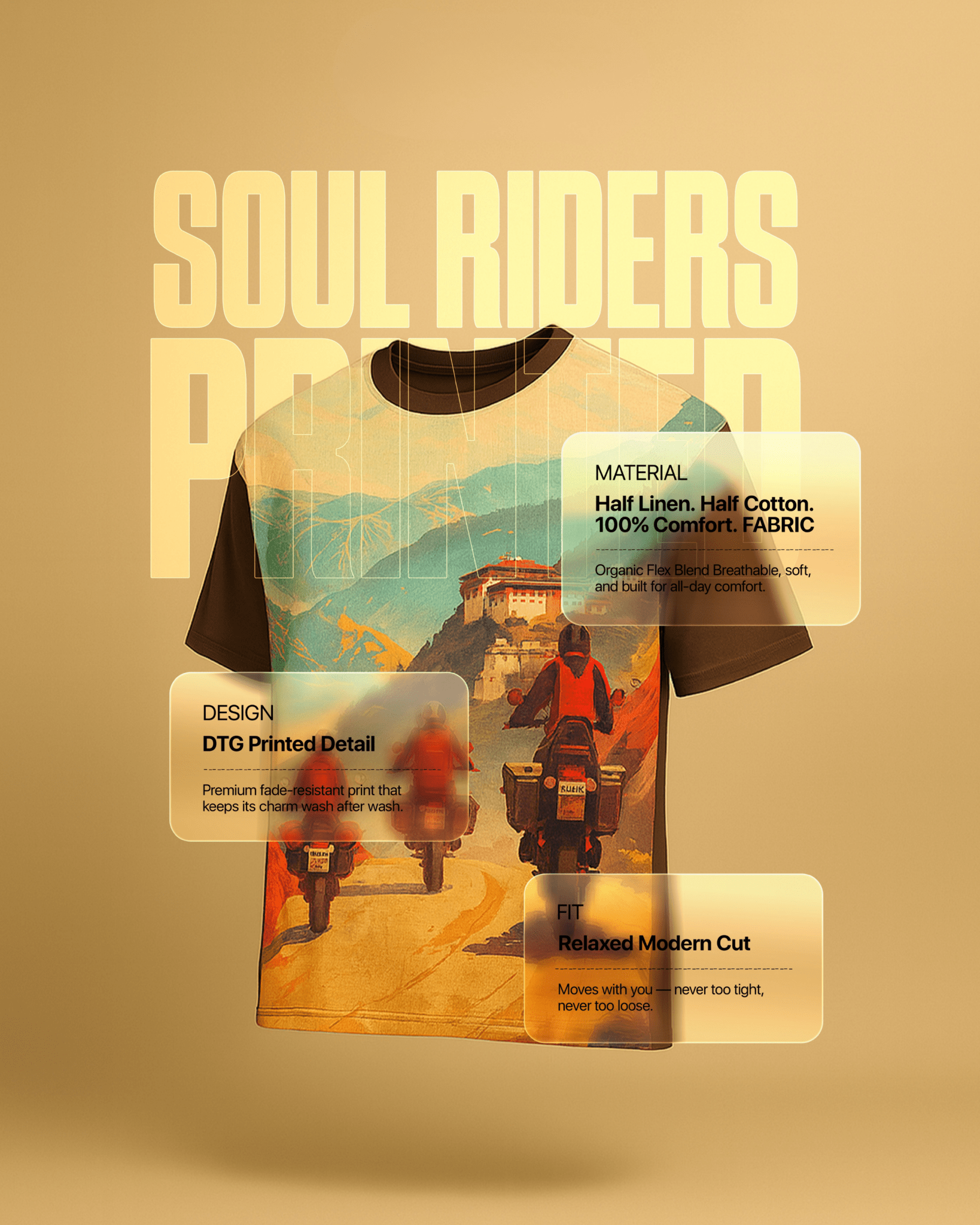 Soul Riders Printed T-Shirt – Front Linen & Back Cotton - KakahuSoul Riders Printed T-Shirt – Front Linen & Back CottonKakahuKakahu