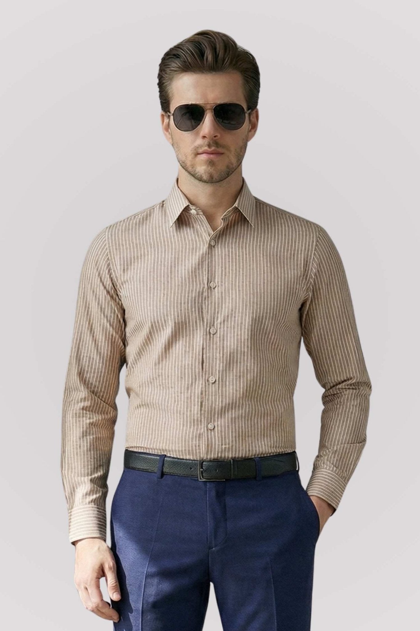 Taupe Stripe Dress Shirt – Premium Cotton Formal Wear - KakahuTaupe Stripe Dress Shirt – Premium Cotton Formal WearKakahuKakahu