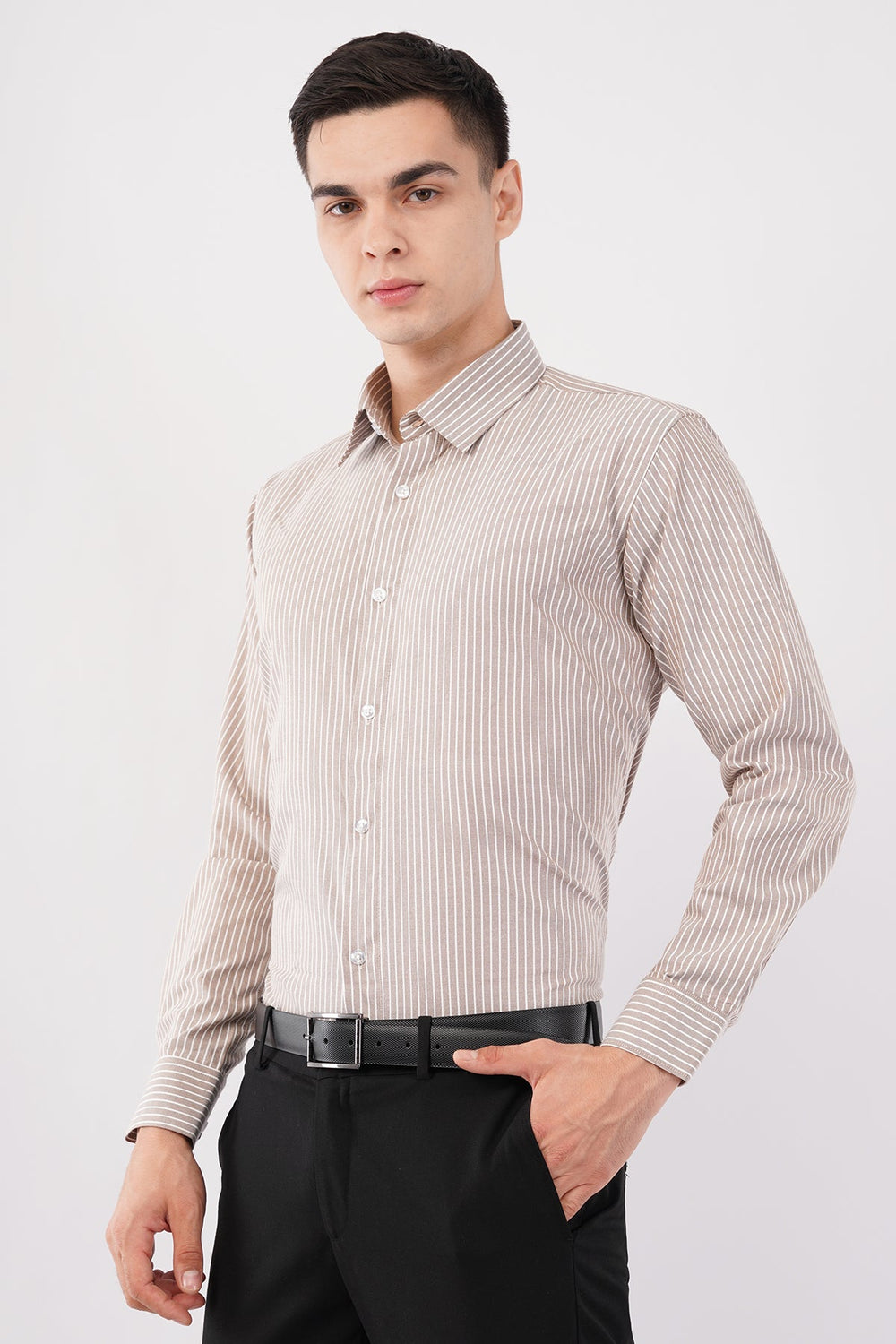 Taupe Stripe Dress Shirt – Premium Cotton Formal Wear - KakahuTaupe Stripe Dress Shirt – Premium Cotton Formal WearKakahuKakahu