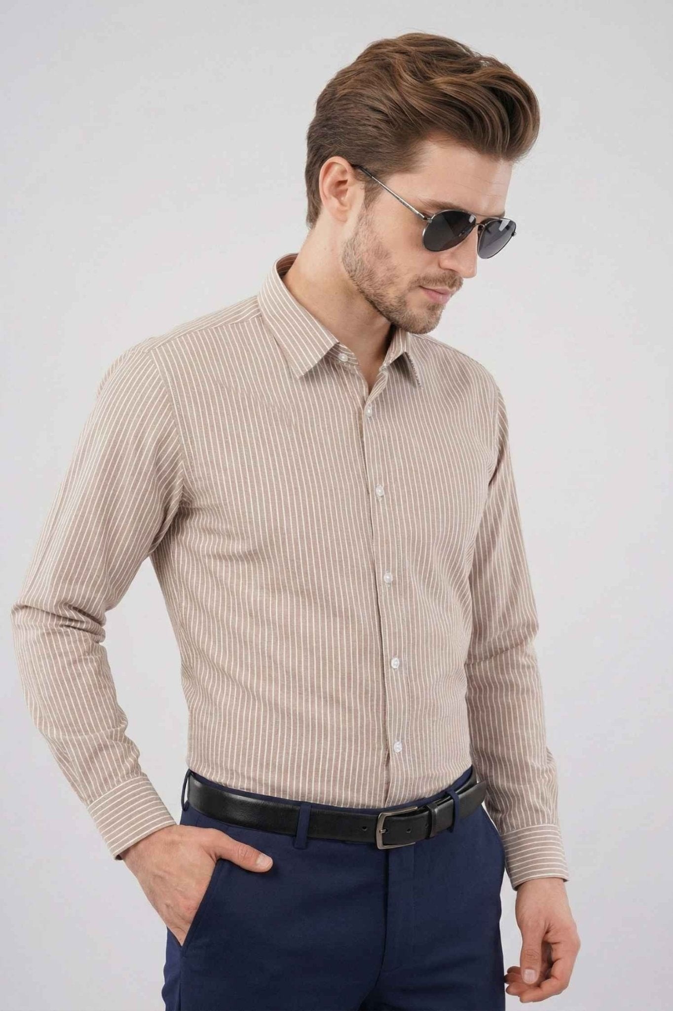 Taupe Stripe Dress Shirt – Premium Cotton Formal Wear - KakahuTaupe Stripe Dress Shirt – Premium Cotton Formal WearKakahuKakahu
