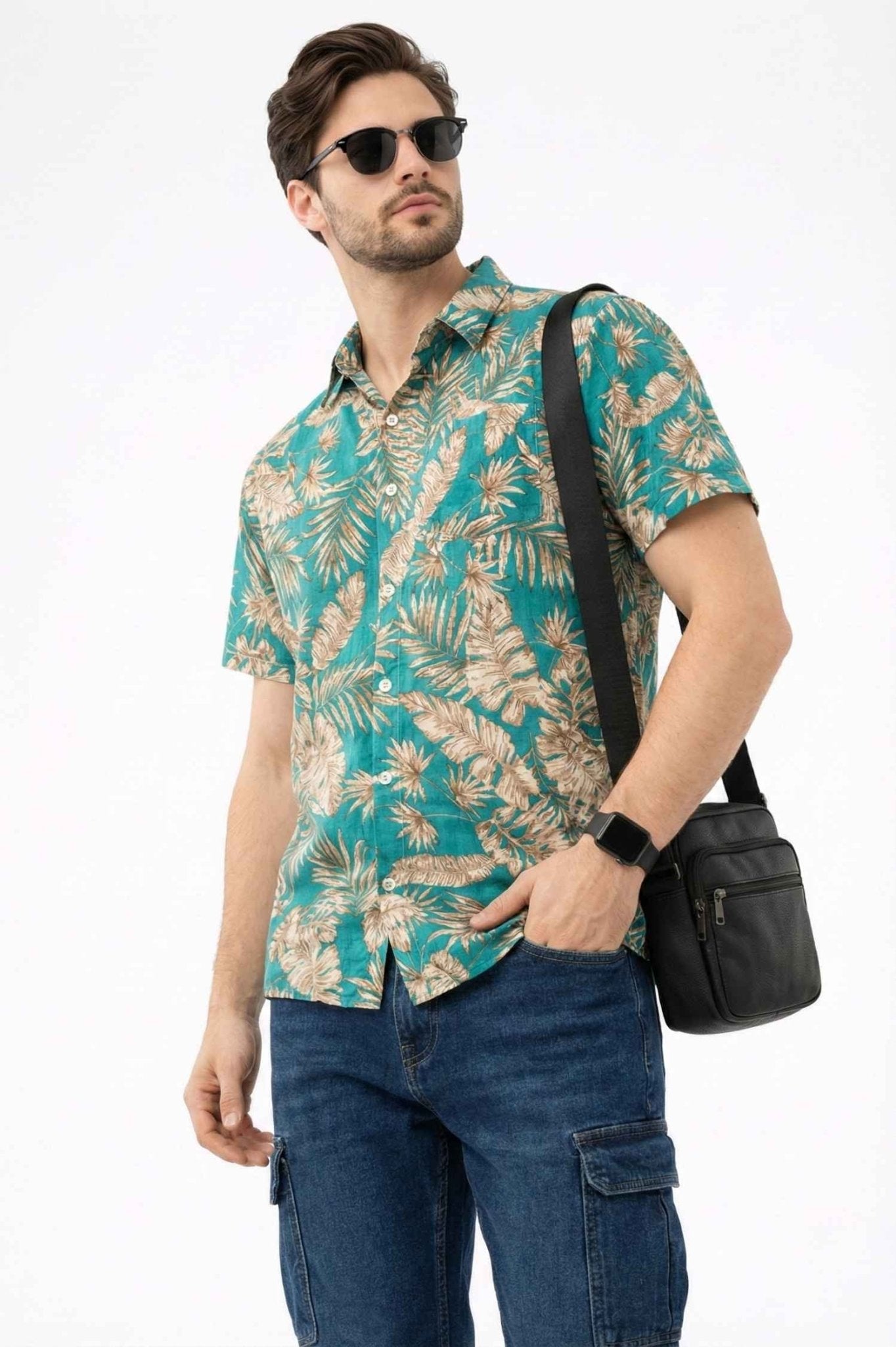Teal Tropical Palm Print Short Sleeve Shirt – Fresh Summer Style - KakahuTeal Tropical Palm Print Short Sleeve Shirt – Fresh Summer StyleKakahuKakahu