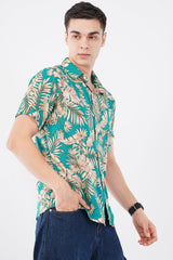 Teal Tropical Palm Print Short Sleeve Shirt – Fresh Summer Style - KakahuTeal Tropical Palm Print Short Sleeve Shirt – Fresh Summer StyleKakahuKakahu