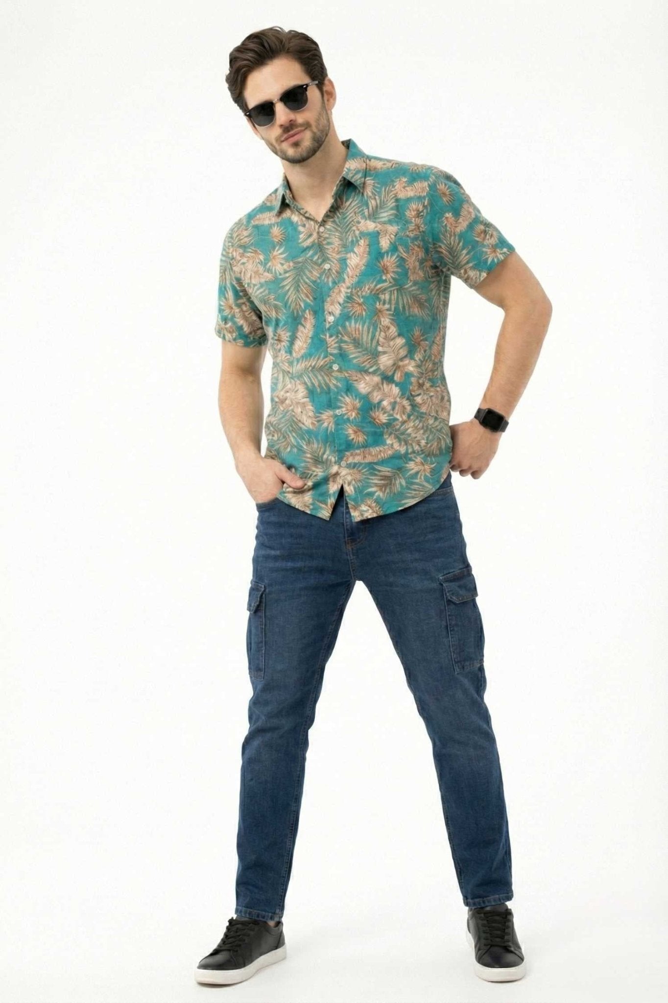 Teal Tropical Palm Print Short Sleeve Shirt – Fresh Summer Style - KakahuTeal Tropical Palm Print Short Sleeve Shirt – Fresh Summer StyleKakahuKakahu