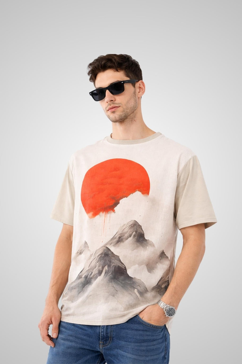 The Dawn Rise Printed T-Shirt – Front Linen & Back Cotton - KakahuThe Dawn Rise Printed T-Shirt – Front Linen & Back CottonKakahuKakahu